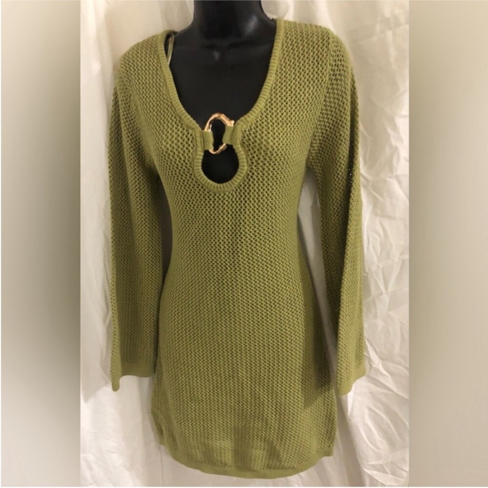 Olive green mesh net style bell sleeve gold cuff‎ crochet dress size medium new